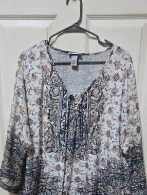 Catherines Cream Navy Peach Floral Lace-Up Peasant Top